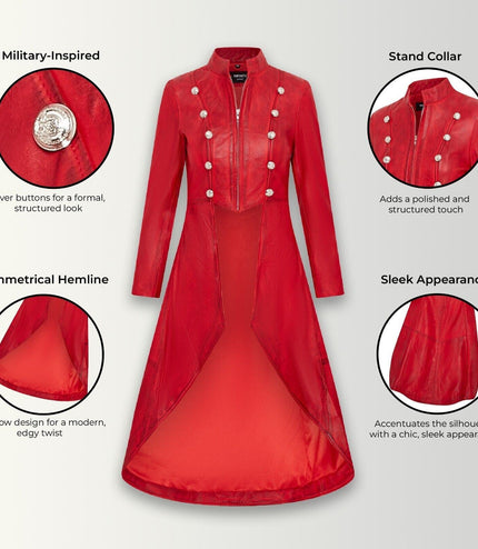 Womens Gothic Full Length Edwardian Leather Coat - Atlanta - Red
