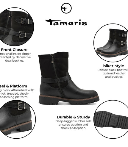 Tamaris Womens Winter Black Leather Buckle Zip Biker Ankle Boots