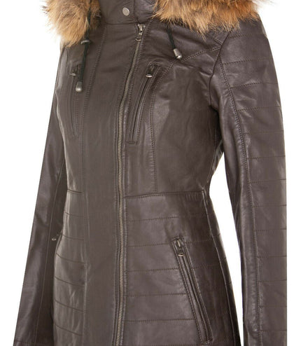 Womens Slim Fit Leather Hooded Parka Jacket-Northam - Brown