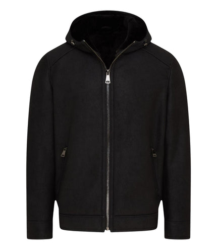 Mens Black Sheepksin Hooded Shearling Bomber Jacket - Benalla
