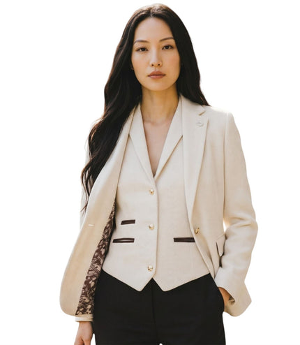 Women's Cream Herringbone Wool Tweed Blazer Waistcoat 2 Piece Set - WS-1