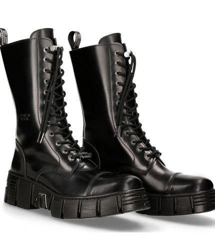 New Rock Black Leather Mid-Calf Tower Biker Boots-M-Wall127N-C1