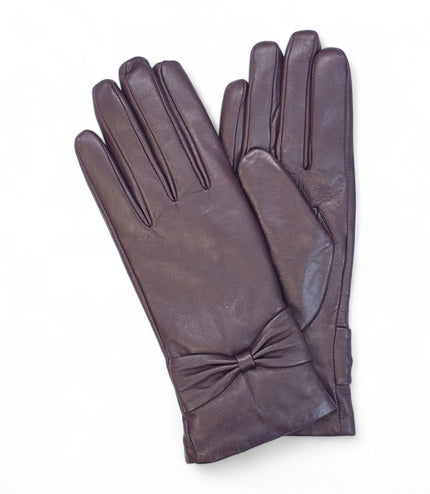 Womens Purple Italian Leather Winter Bow Design Soft Wool Lining Gloves - L-GLV-401