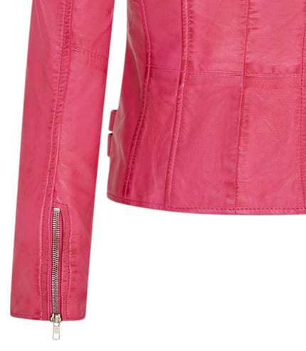 Womens Leather Brando Biker Jacket-Orlando - Fuschia