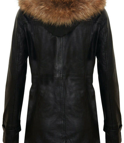 Womens Warm Leather Hooded Parka Jacket-Northwich - Black
