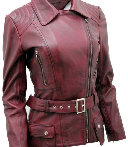 Womens Long Leather Biker Jacket-Quito - Burgundy
