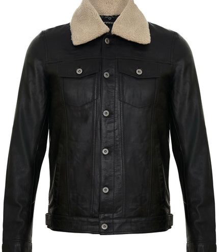 Mens Removable Collar Leather Trucker Jacket-Zagreb - Black