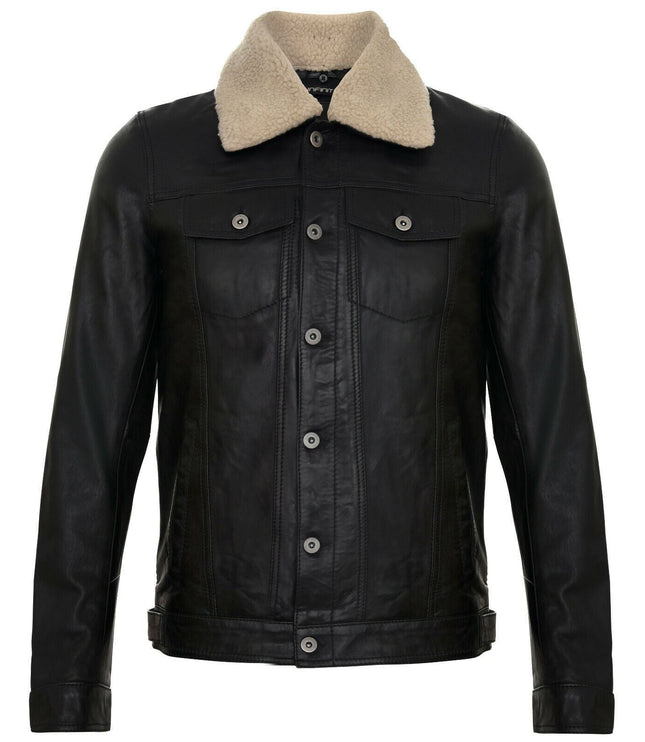 Mens Removable Collar Leather Trucker Jacket-Zagreb - Black