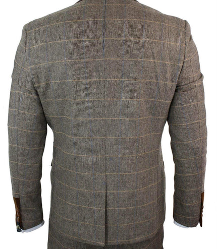 Mens 3 Piece Tan Herringbone Tweed Check Suit