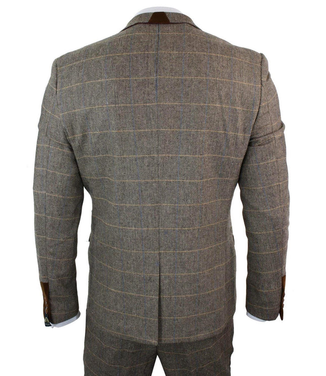 Mens 3 Piece Tan Herringbone Tweed Check Suit