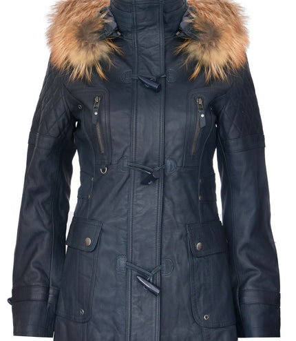 Womens Quilted Leather Parka Jacket-Brussels - Navy