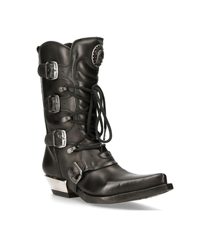 New Rock Black Leather Cowboy Buckle Boots- M-7993-S1