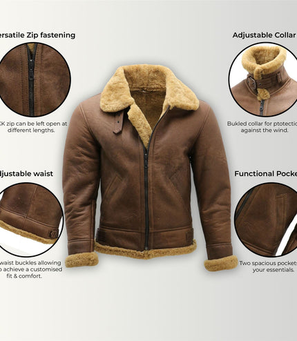 Mens B3 WW2 Sheepskin Leather Flying Aviator Jacket-Houston - Ginger Brown