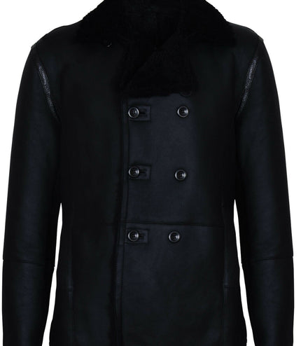 Mens Double Breasted Shearling Sheepskin Pea Coat-Valencia - Black