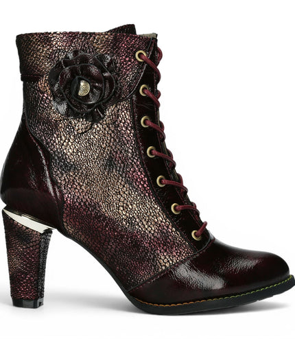 Laura Vita Women’s Wine Leather Floral Heeled Lace-Up Boots - Alcbaneo 173