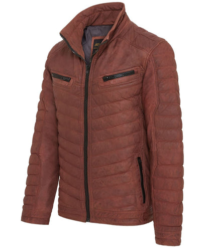 Men's Puffer Leather Biker Quilted Vintage Bomber Jacket - Tan