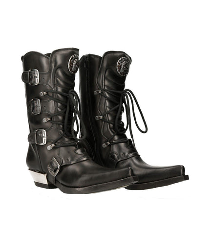 New Rock Black Leather Cowboy Buckle Boots- M-7993-S1