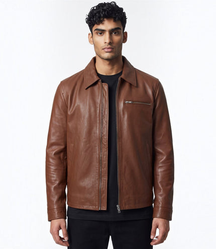 Mens Leather Tan Harrington Collar Biker Jacket - Arick