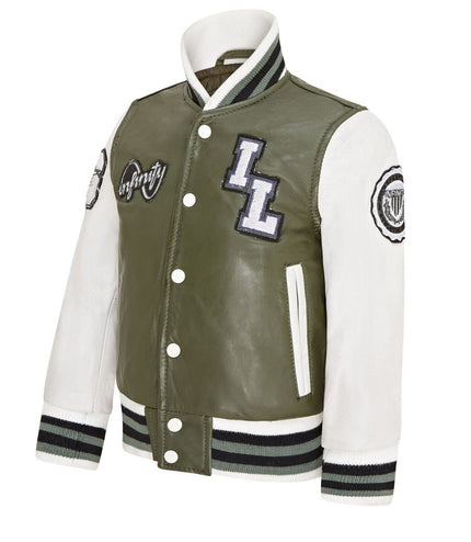 Kids Green Letterman Leather Varsity College Bomber Jacket
