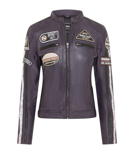 Womens Biker Racing Badges Purple Leather Jacket-Eastleigh