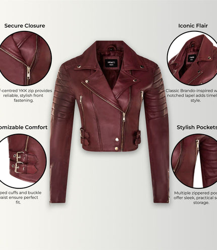 Womens Cropped Brando Leather Biker Jacket-Damascus - Burgundy