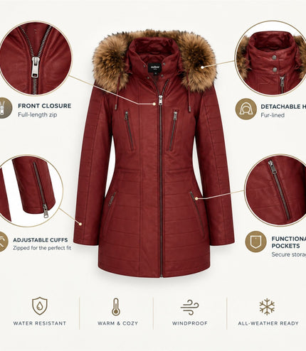 Womens Red Slim Fit Leather Hooded Parka Jacket-Northam