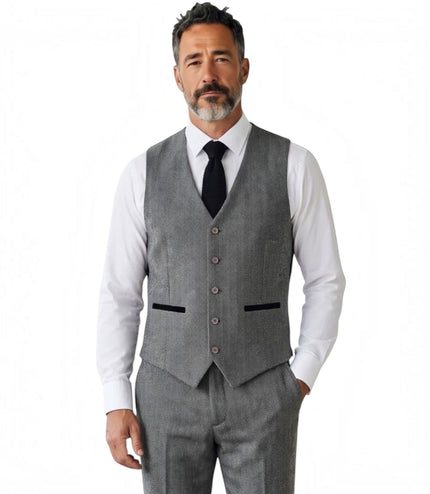 Men's Grey 3 Piece Tweed Herringbone Formal Suit -  IM4