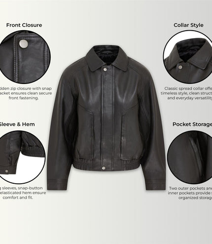 Womens Black Leather Biker Bomber Oversized Jacket - Blouson