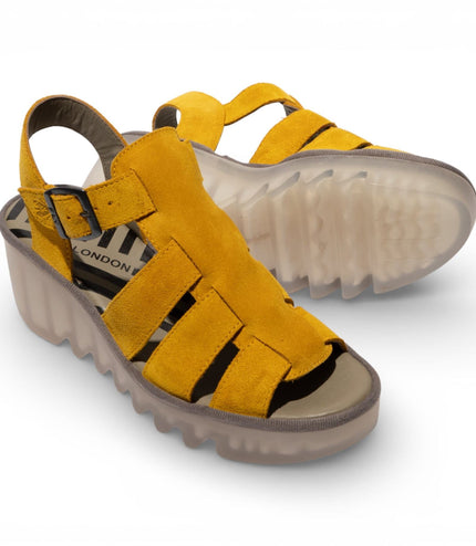 Fly London Women's BAIC621FLY Yellow Suede Leather Wedge Sandals