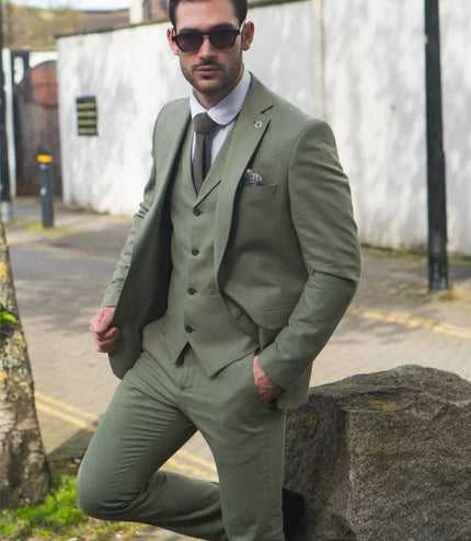Men's Sage Green Tailor Fit 3 Piece Linen Summer Wedding Suit