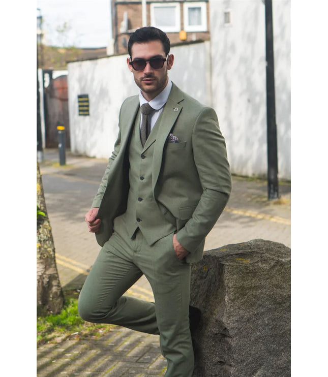 Men's Sage Green Tailor Fit 3 Piece Linen Summer Wedding Suit