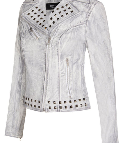 Womens Gothic Biker Leather Jacket with Studs-Bilbao - White