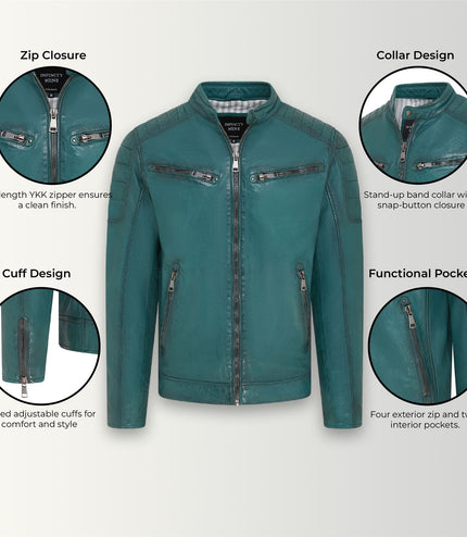 Men's Modern Classic Leather Quilted Biker Jacket - Derry - Forest Green