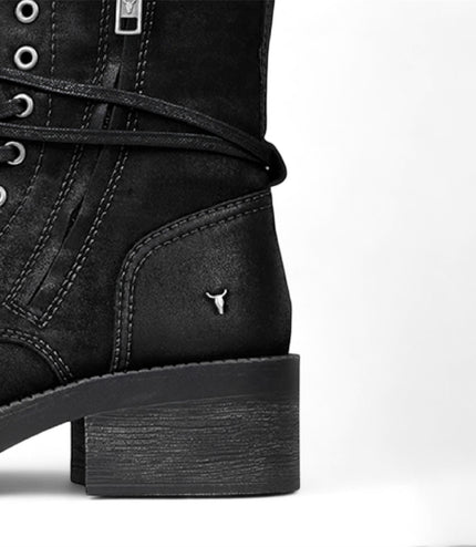 Windsorsmith Womens Black Suede Combat Boots Mid-Calf Lace-Up Biker Shoes - Gather