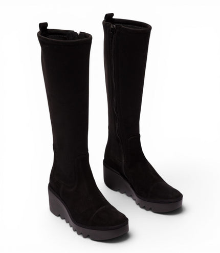 Fly London Womens Black Suede Leather High Wedge Heel Long Boots - BUDI603
