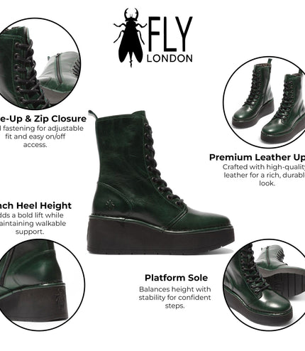 Fly London Womens Petrol Green Hait273 Leather Lace-Up Chunky Platform Ankle Boots