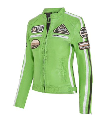 Womens Biker Racing Badges Green Leather Jacket-Eastleigh