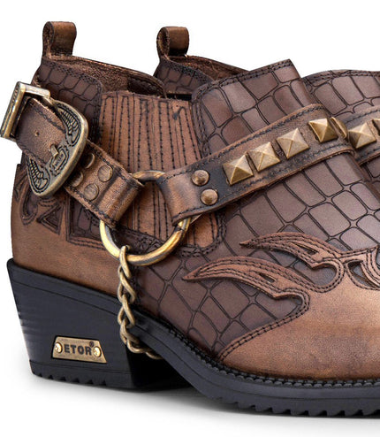 Men'S Tan Croc Leather Winklepicker Studded Western Biker Boots
