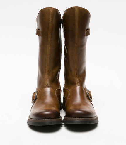 Fly London Womens Camel Mes 2 Wedge Heel Buckle Mid-Calf Leather Zip Platform Boots