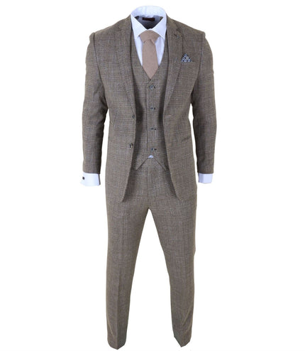 Men's 3-Piece Brown Classic Check Suit Slim Fit Plain Formal Party Suit
