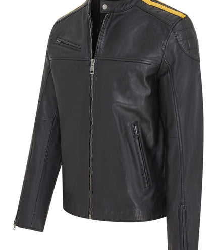 Men's Classic Quilted Black Yellow Leather Biker Jacket - Meridian