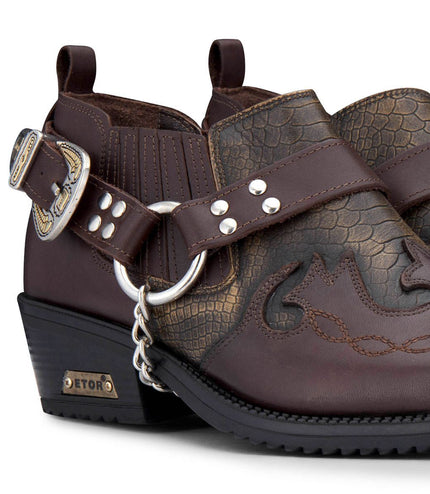 Men'S Brown Snakeskin Winklepicker Leather Biker Boots