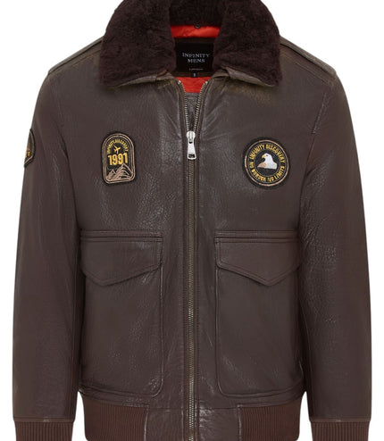 Men's Leather Bomber Sheepskin Collar G-1 Aviator Jacket - Linear - Brown
