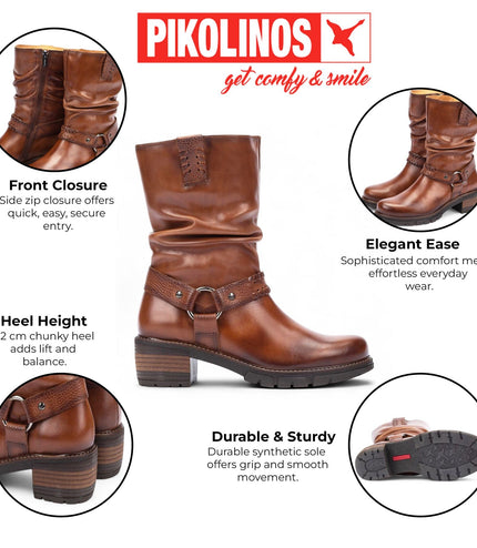Pikolinos Women's Mid-Calf Cuero Brown Leather Tall Ankle Boots - San Sebastia