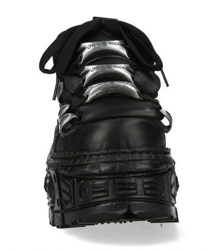 New Rock M-Overz106B-C1 Metallic Chunky Black Leather Gothic Ankle Boots