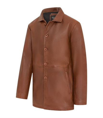 Men's Tan Leather Long Collared Car Coat Jacket - Berry
