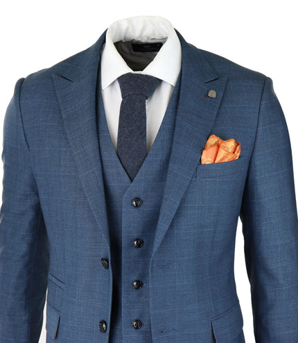 Mens 3 Piece Blue Suit Prince Of Wales Check Classic Light Tailored Fit Modern