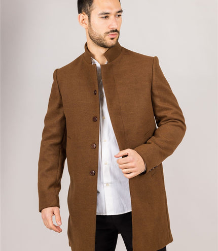 Men's Brown Stand Collar Wool Blend Overcoat