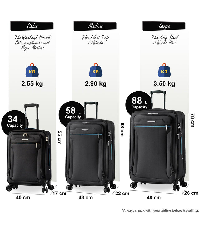 Cinderford Set of 3 Soft Shell Suitcase in Black
