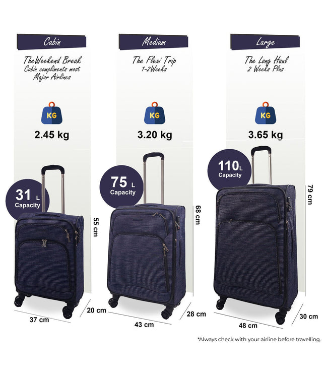Ashbourne Set of 3 Soft Shell Suitcase in Lines